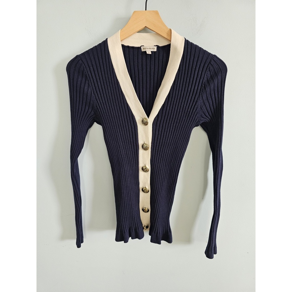 Boston Proper‎ Women's Small Navy Blue Button Up Ribbed Cardigan Sweater